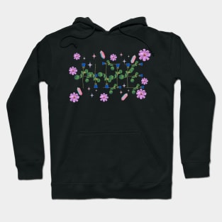 Hoe blue roses on stems with gems and purple flowers black bg Hoodie